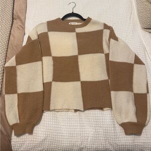 “These Three” Checkered Tan and Cream Cropped Sweater